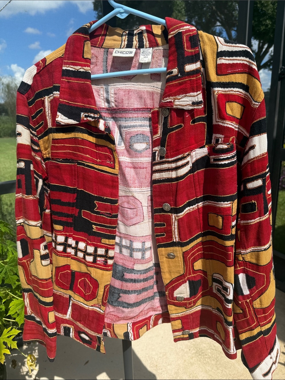 Chico’s-size 2 Art to Wear Red, Black & Mustard Geometric Jacket